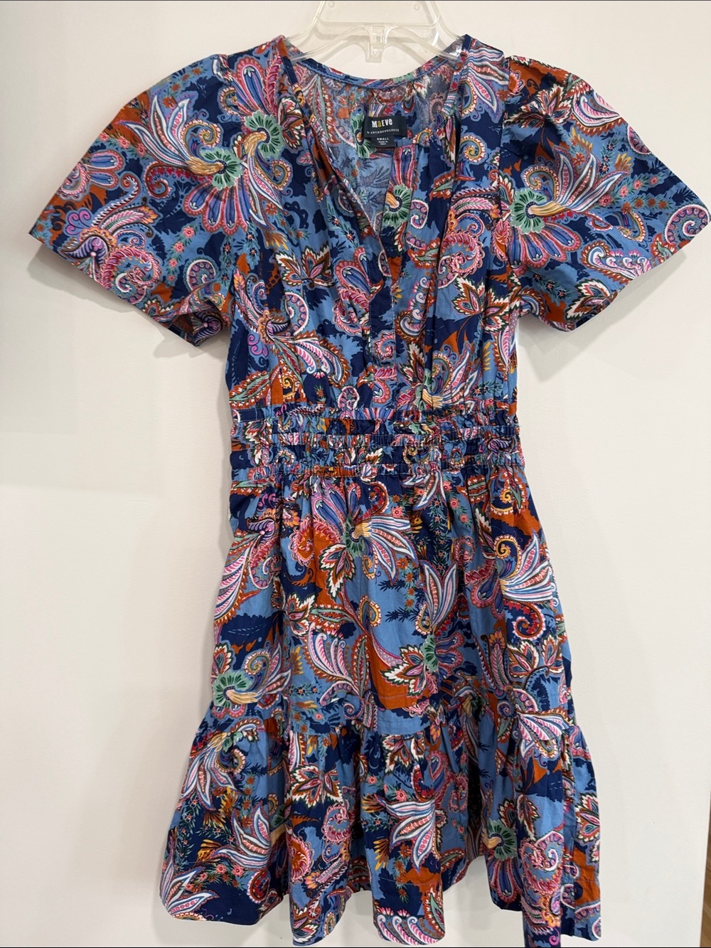 Anthropologie Maeve Blue Multicolor Paisley V-Neck Tiered Mini Dress